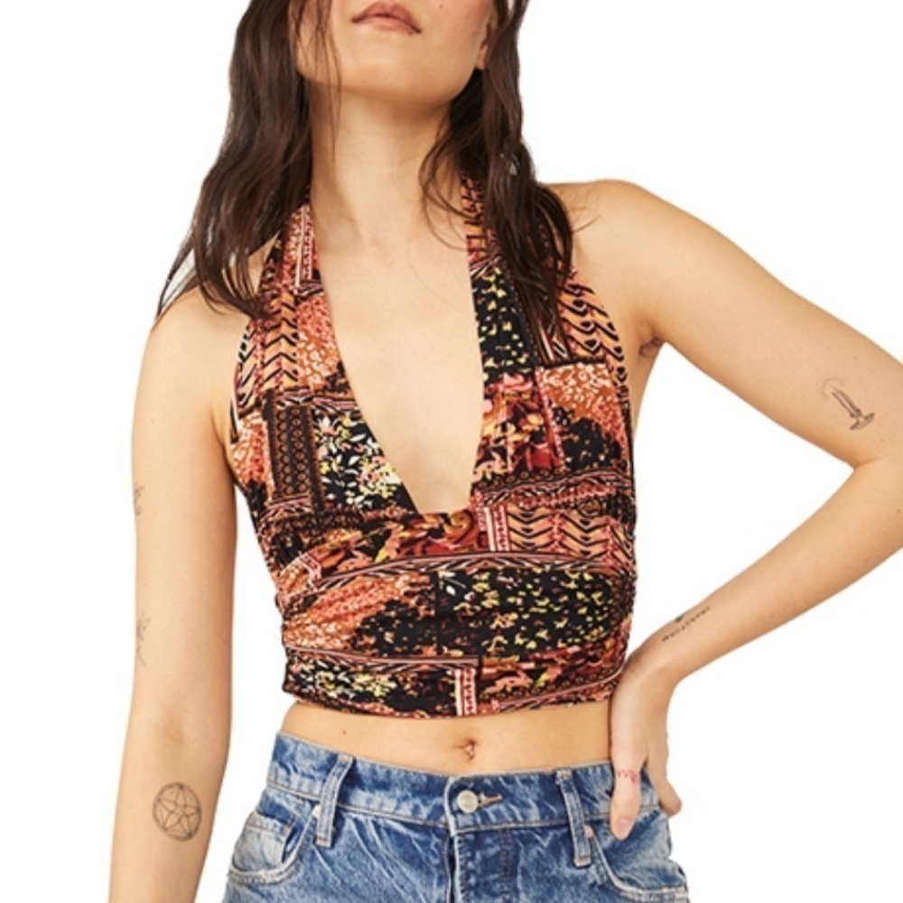 NWT Free People Heather Printed Plunge Halter Top